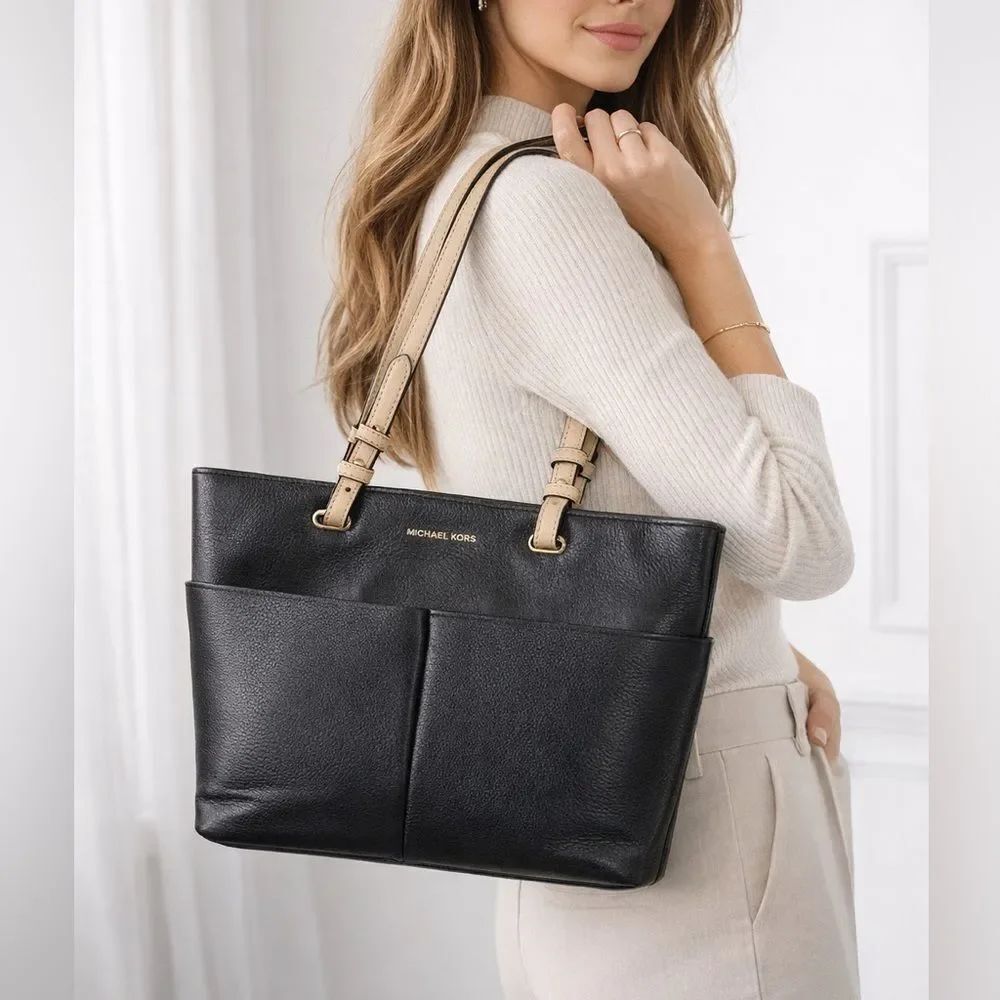 Michael Kors Black Pebbled Leather Tote Bag Beige Straps Large Shoulder Purse